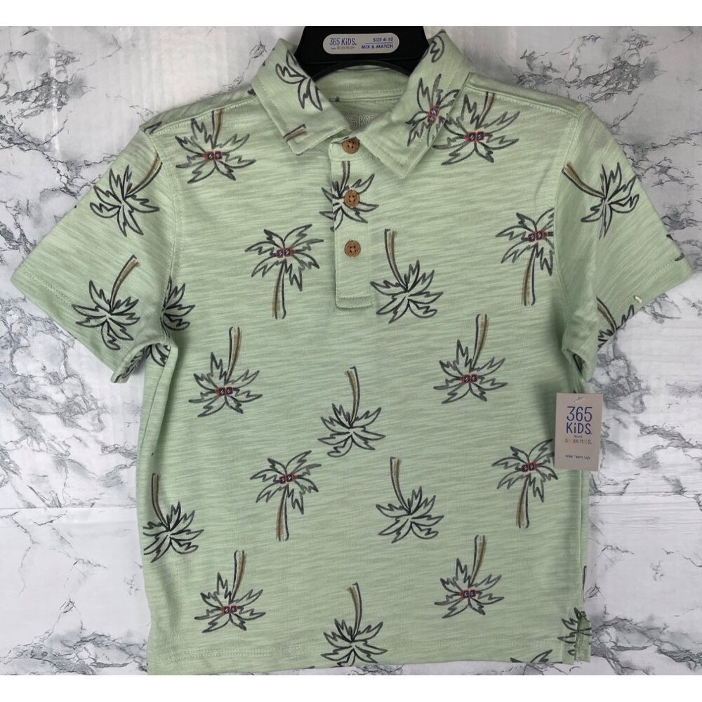 365 Kids By Garanimals Boys Polo Shirt Size 6 Green Palm Print Short Sleeve